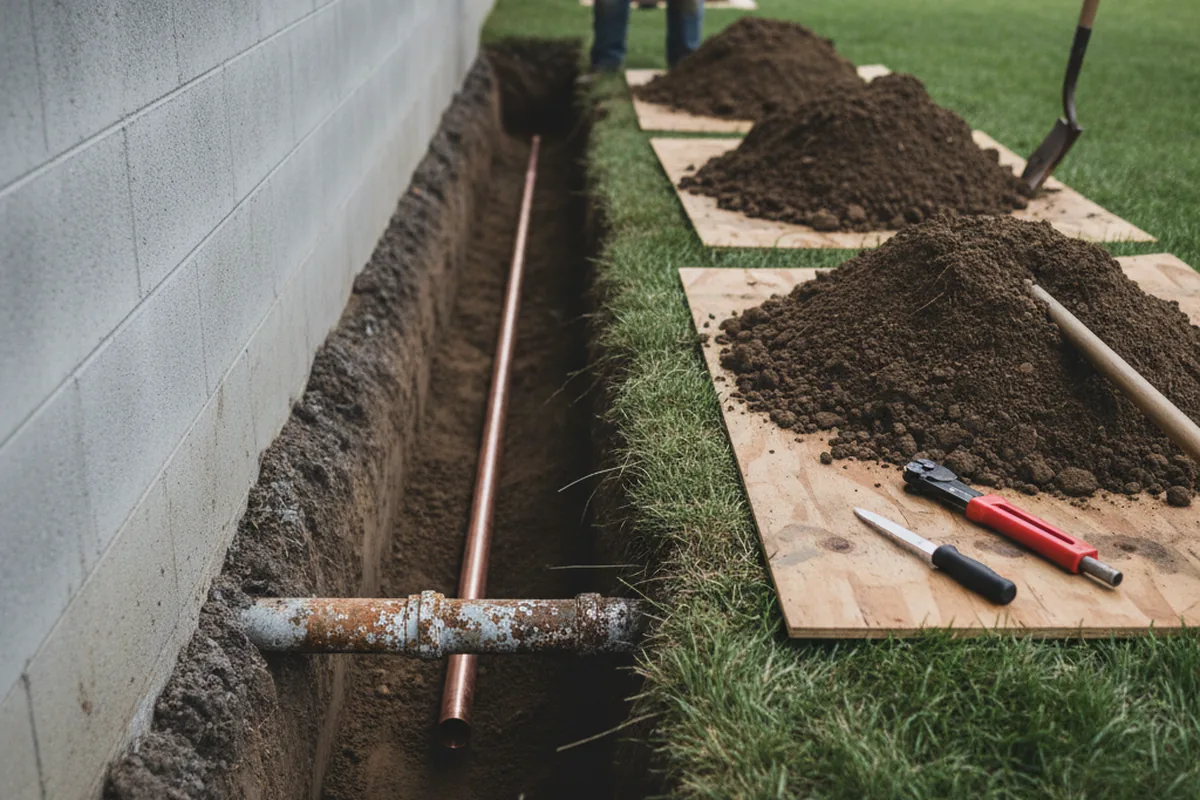 Excavated water line trench during Water Softener Installation in Hiddenite